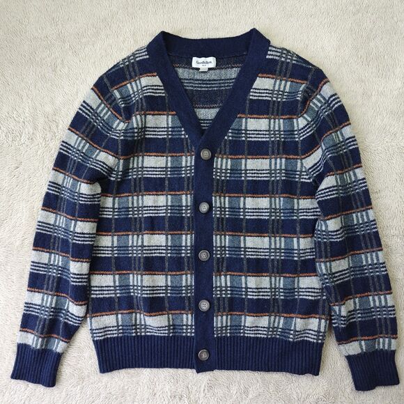 Goodfellow Cardigan Sweater Men's M Plaid Blue Soft Button Up Retro 80s Preppy - Picture 1 of 7